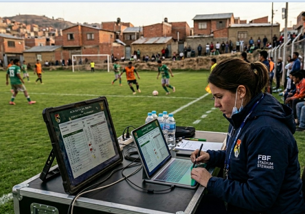 Operadora de liga gestionando partidos y estadísticas en cancha con plataforma digital SIGLIF